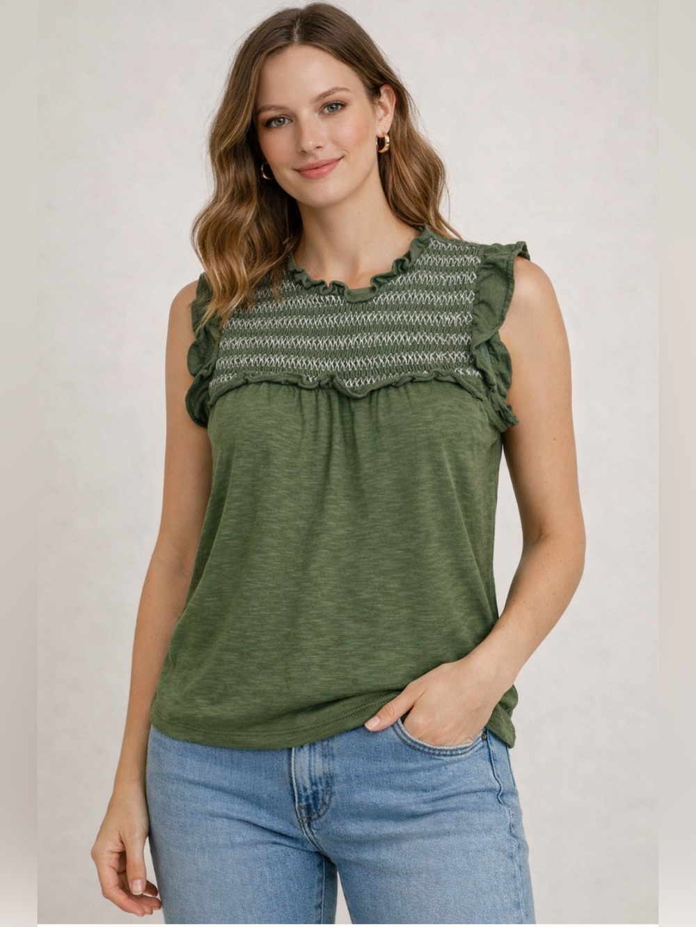 🌸2/20 J.Crew Olive Flutter sleeve Cottagecore Summer Soft Boho Minimalist Top XS - Picture 1 of 7